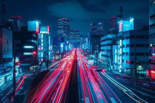 AI generated Artificial Intelligence Takes Control In the darkness, red and blue lines illuminate the city photo