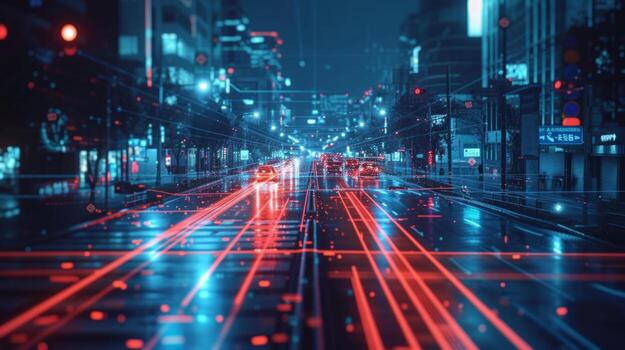 AI generated Artificial Intelligence Takes Control In the darkness, red and blue lines illuminate the city photo