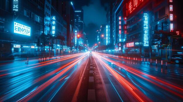 AI generated Artificial Intelligence Takes Control In the darkness, red and blue lines illuminate the city photo