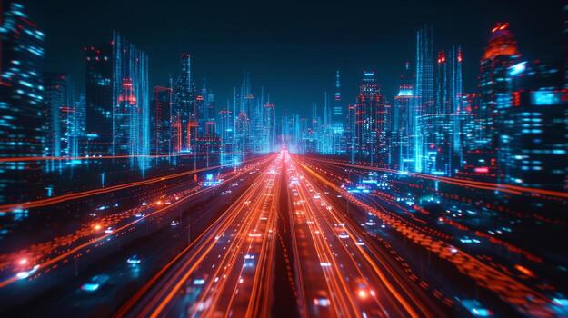 AI generated Artificial Intelligence Takes Control In the darkness, red and blue lines illuminate the city photo