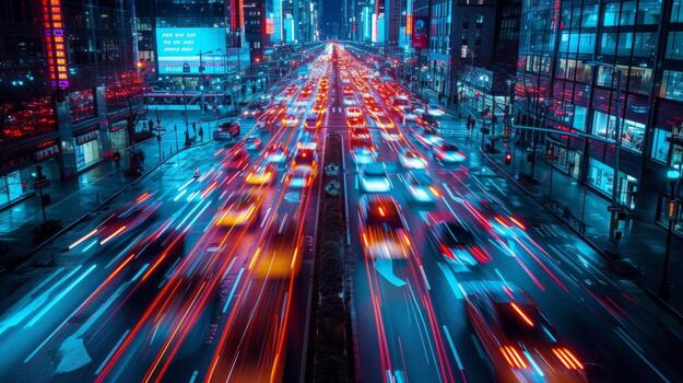 AI generated Artificial Intelligence Takes Control In the darkness, red and blue lines illuminate the city photo