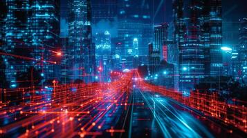 AI generated Artificial Intelligence Takes Control In the darkness, red and blue lines illuminate the city photo