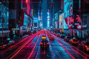 ai generado artificial inteligencia toma controlar en el oscuridad, rojo y azul líneas iluminar el ciudad foto