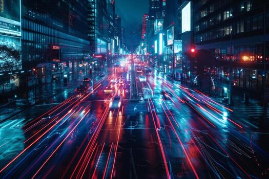 AI generated Artificial Intelligence Takes Control In the darkness, red and blue lines illuminate the city photo