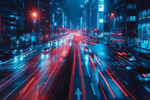 AI generated Artificial Intelligence Takes Control In the darkness, red and blue lines illuminate the city photo