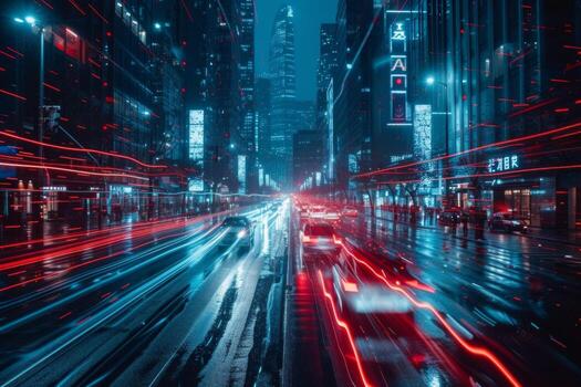 AI generated Artificial Intelligence Takes Control In the darkness, red and blue lines illuminate the city photo