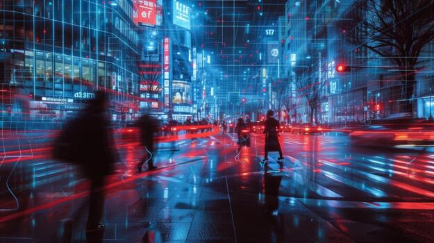 AI generated Artificial Intelligence Takes Control In the darkness, red and blue lines illuminate the city photo