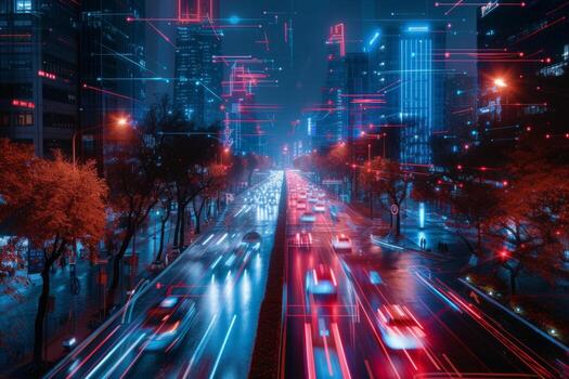 AI generated Artificial Intelligence Takes Control In the darkness, red and blue lines illuminate the city photo