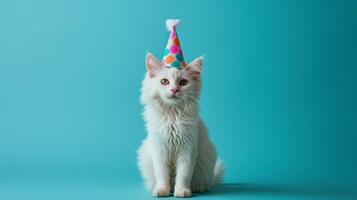 AI generated White fluffy cat sits in a birthday cap looking at the camera on a minimalistic bright background photo