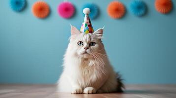 AI generated White fluffy cat sits in a birthday cap looking at the camera on a minimalistic bright background photo