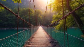 AI generated Walking Across a Scenic Hanging Bridge over a Sunlit Lake photo