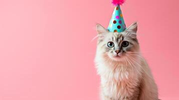 AI generated White fluffy cat sits in a birthday cap looking at the camera on a minimalistic bright background photo