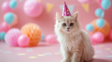 AI generated White fluffy cat sits in a birthday cap looking at the camera on a minimalistic bright background photo