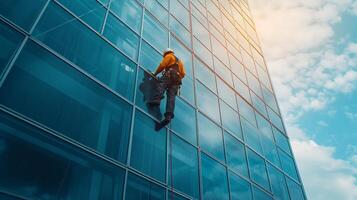 AI generated Young man cleaning a window on a skyscraper photo