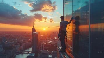 ai generado joven hombre limpieza un ventana en un rascacielos foto