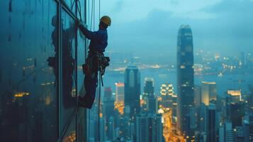 ai generado joven hombre limpieza un ventana en un rascacielos foto