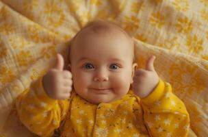 AI generated young baby with a thumbs up photo