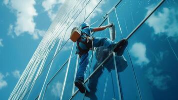 AI generated Young man cleaning a window on a skyscraper photo