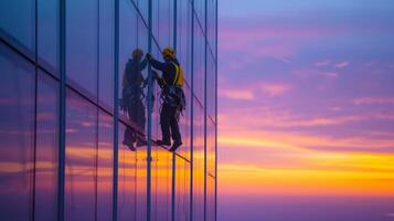 AI generated Young man cleaning a window on a skyscraper photo