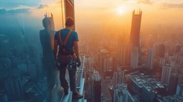 ai generado joven hombre limpieza un ventana en un rascacielos foto