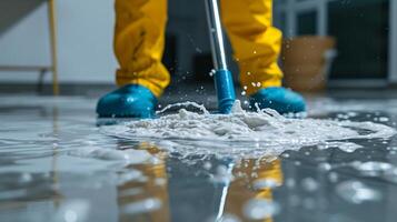 AI generated Young man mopping the floor with his T-shirt photo