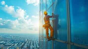 AI generated Young man cleaning a window on a skyscraper photo