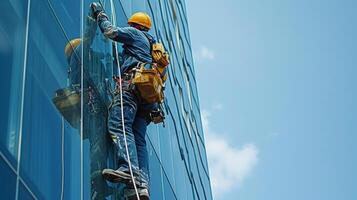 AI generated Young man cleaning a window on a skyscraper photo