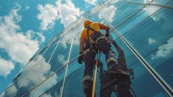 ai generado joven hombre limpieza un ventana en un rascacielos foto