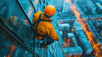 ai generado joven hombre limpieza un ventana en un rascacielos foto