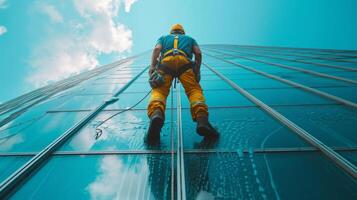 AI generated Young man cleaning a window on a skyscraper photo