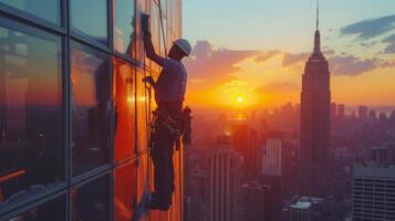 ai generado joven hombre limpieza un ventana en un rascacielos foto