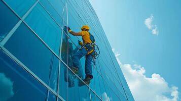 AI generated Young man cleaning a window on a skyscraper photo