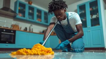 AI generated Young man mopping the floor with his T-shirt photo