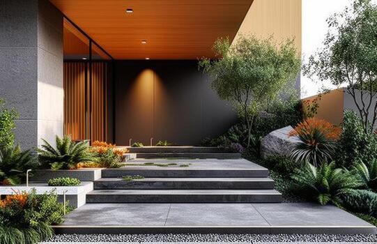 AI generated a front walkway with plants from the ground photo