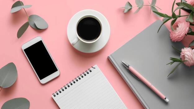 AI generated A flat top view of a desktop on which lies a notepad, a pen, a cup of coffee and a phone photo