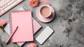 AI generated A flat top view of a desktop on which lies a notepad, a pen, a cup of coffee and a phone photo