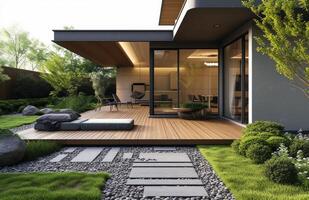 AI generated a home with modern doors, wooden flooring and grass around a garden photo