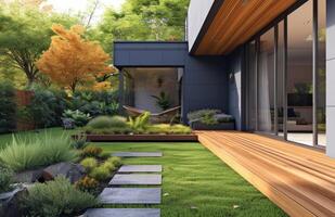 ai generado un hogar con moderno puertas, de madera piso y césped alrededor un jardín foto