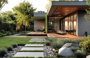 AI generated a home with modern doors, wooden flooring and grass around a garden photo