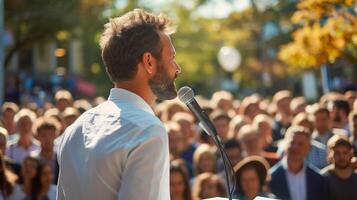 ai generado un masculino político entregando un habla al aire libre a un multitud de político fiesta miembros foto