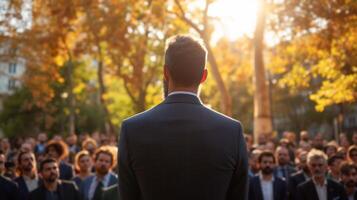 ai generado un masculino político entregando un habla al aire libre a un multitud de político fiesta miembros foto