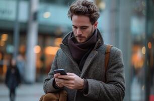 AI generated a man looking at his phone while standing in an urban area photo