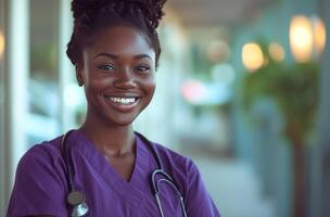 ai generado un enfermero en un púrpura uniforme en pie retrato foto
