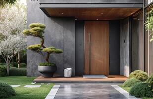 AI generated a modern front door with grass and white trees photo