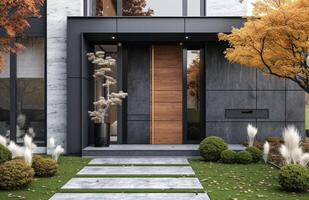 AI generated a modern front door with grass and white trees photo
