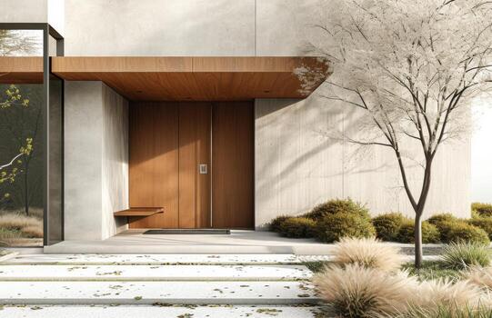 AI generated a modern front door with grass and white trees photo