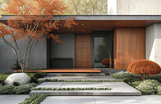 AI generated a modern front door with grass and white trees photo
