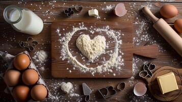 AI generated An old wooden background made of boards, with flour in the shape of a heart sprinkled on it photo