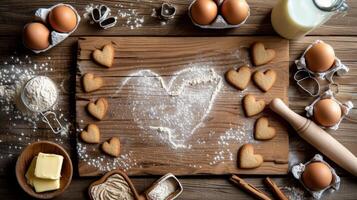 AI generated An old wooden background made of boards, with flour in the shape of a heart sprinkled on it photo