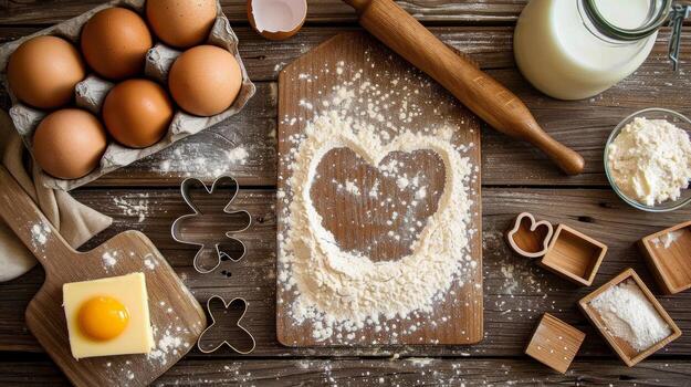 AI generated An old wooden background made of boards, with flour in the shape of a heart sprinkled on it photo